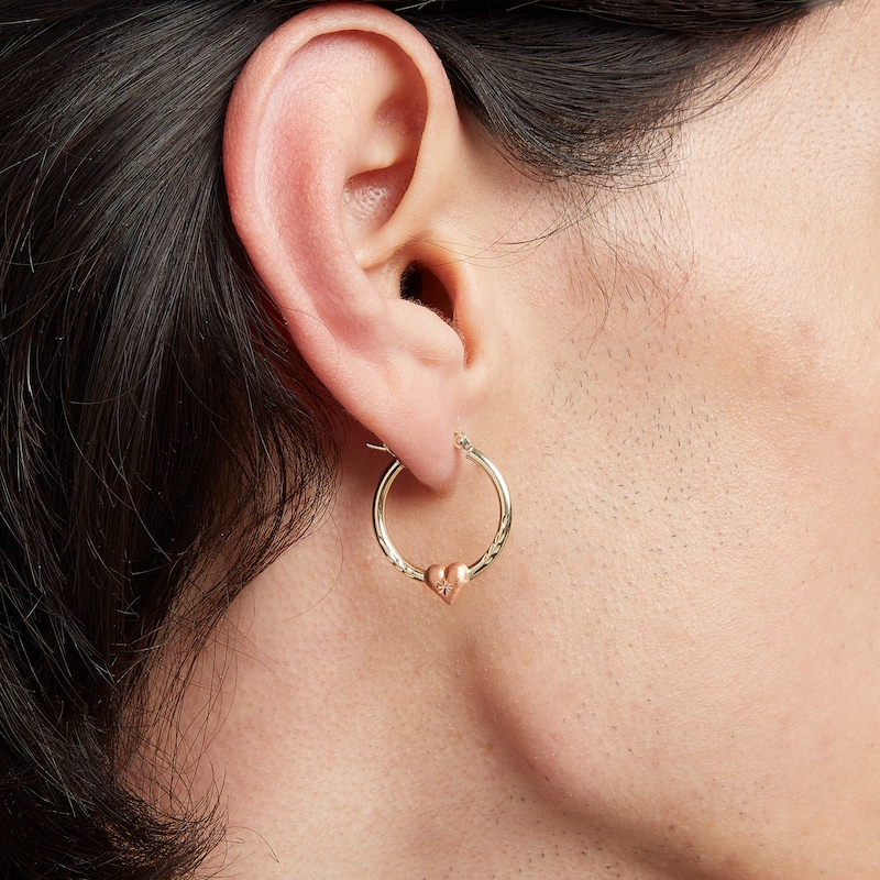 10K Two-Tone Gold Heart on Hoop Earrings