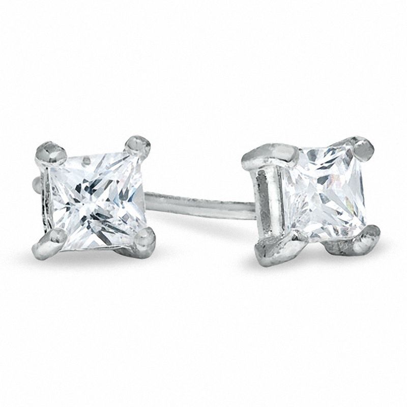 Solid Sterling Silver 4mm Princess-Cut CZ Solitaire Studs