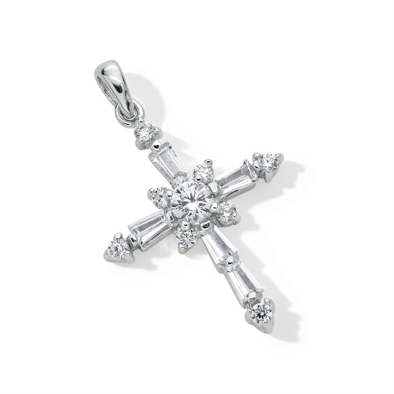 Sterling Silver Solid Cubic Zirconia Cross Necklace Charm