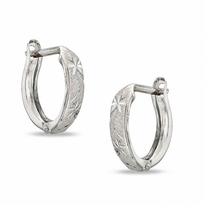 10K White Gold Star and Line Diamond-Cut Snap Hoop Earrings