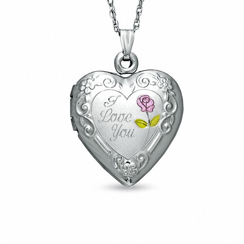 Main Image 1 of "I Love You" Floral Filigree Heart Locket in Sterling Silver with Pink and Green Resin
