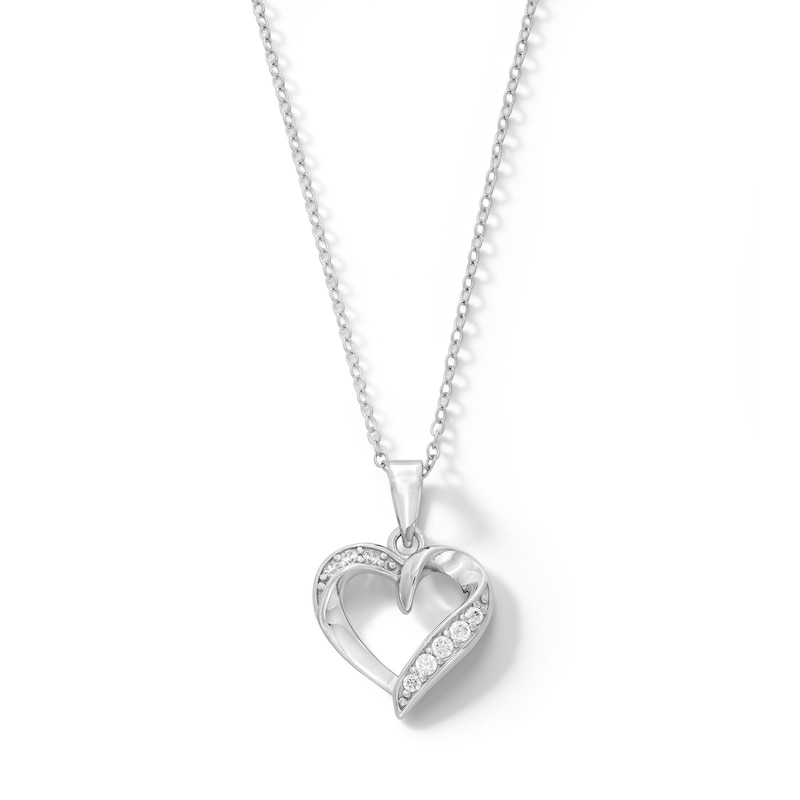 Cubic Zirconia Pavé Ribbon Heart Pendant in Sterling Silver