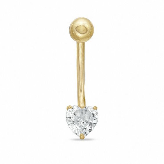 014 Gauge Belly Button Ring with 6mm Heart-Shaped Cubic Zirconia in 10K Gold