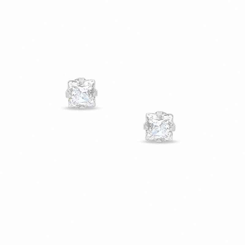 Main Image 1 of 3mm Princess-Cut Cubic Zirconia Solitaire Stud Piercing Earrings in 14K Solid White Gold