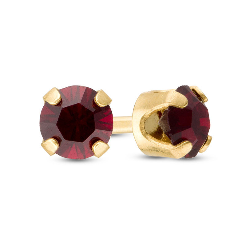 3mm Dark Red Crystal Solitaire Stud Piercing Earrings in 14K Solid Gold