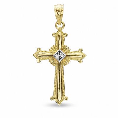 Cross Charm with Diamond-Cut Center in 14K Two-Tone Gold