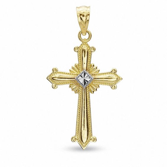 Cross Charm with Diamond-Cut Center in 14K Two-Tone Gold