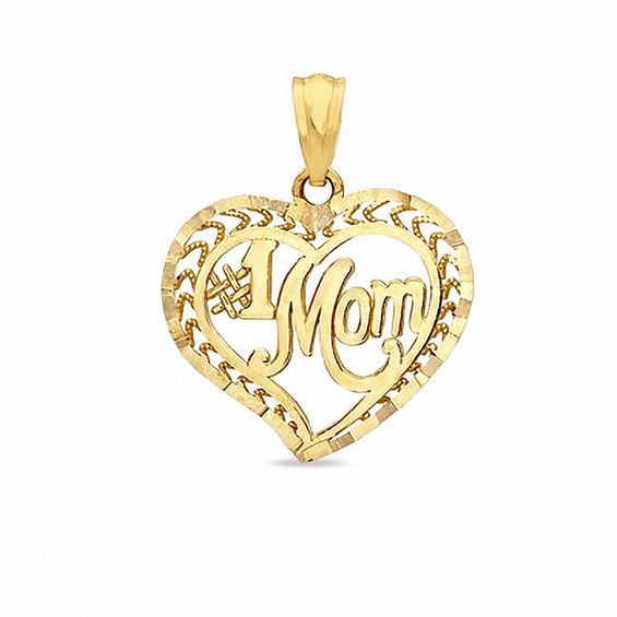 #1 MOM in Open Filigree Heart Charm in 14K Gold