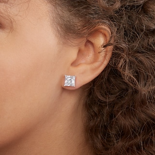 Solid Sterling Silver 8mm Princess-Cut CZ Solitaire Studs