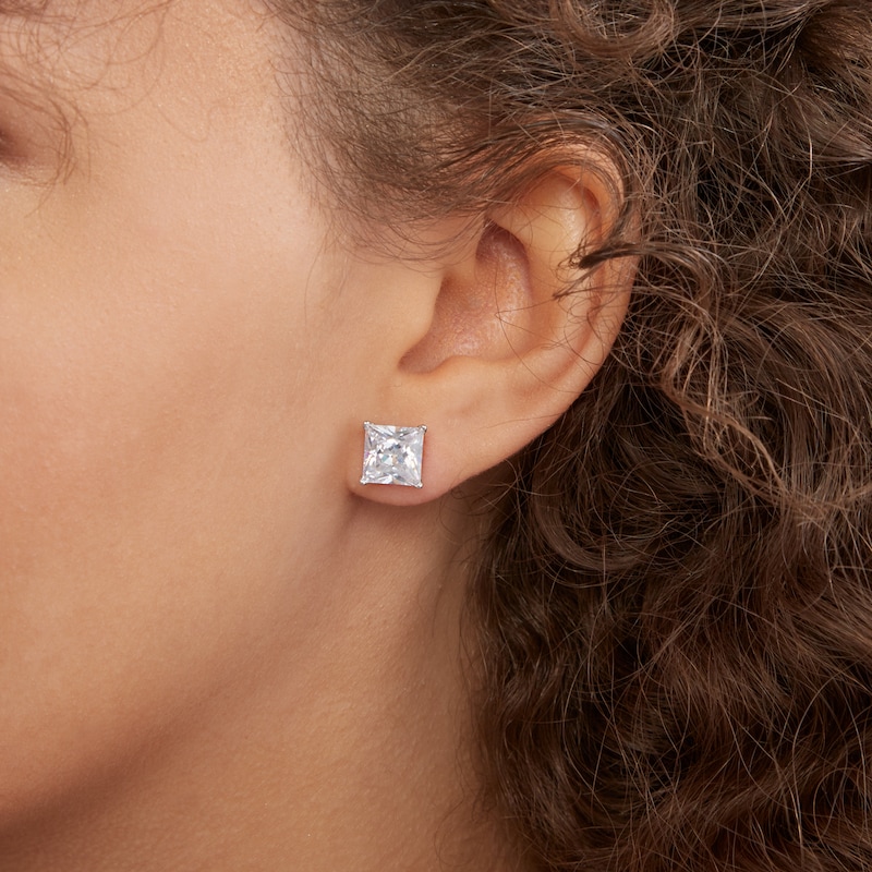 Sterling Silver Rhodium Finish Princess Cut Cubic Zirconia Stud Earring 