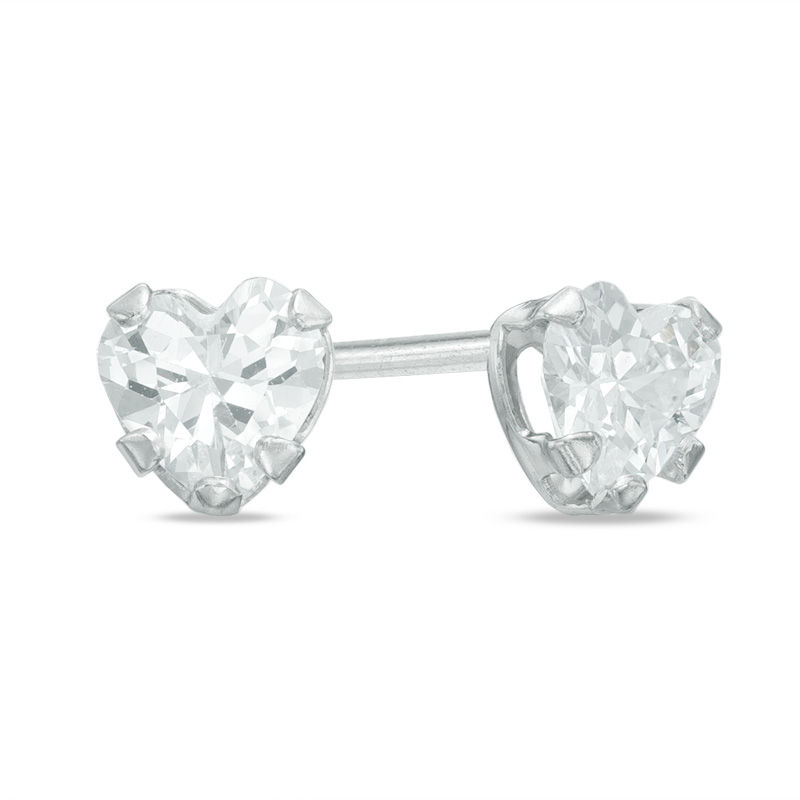 Main Image 1 of Child's 4mm Heart-Shaped Cubic Zirconia Stud Earrings in 14K White Gold