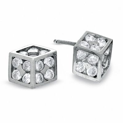 Cubic Zirconia Dice Stud Earrings in Sterling Silver