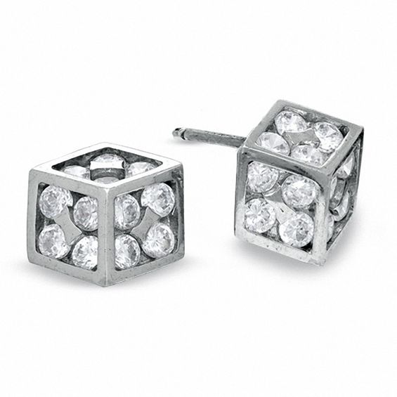 Cubic Zirconia Dice Stud Earrings in Sterling Silver