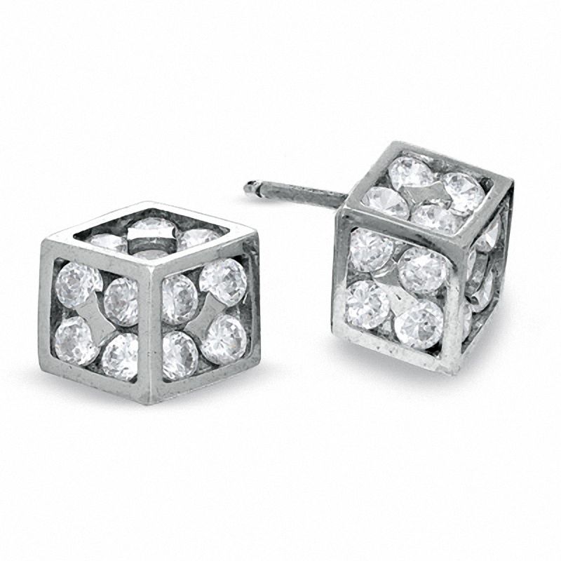 Cubic Zirconia Dice Stud Earrings in Sterling Silver