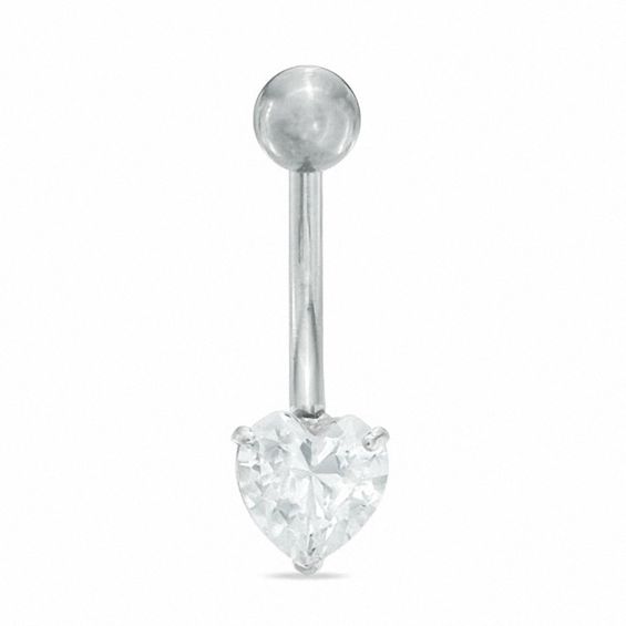 014 Gauge Belly Button Ring with Heart-Shaped Cubic Zirconia in 10K White Gold