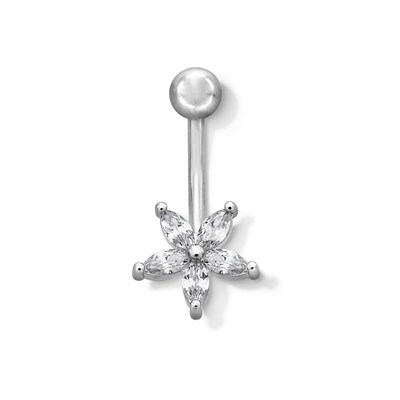 Solid Stainless Steel CZ Marquise Flower Belly Button Ring - 14G