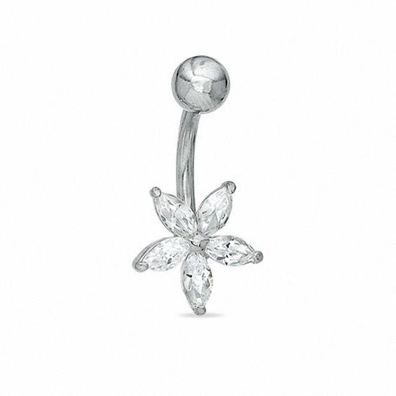 Solid Stainless Steel CZ Marquise Flower Belly Button Ring - 14G