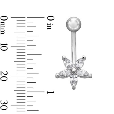 Solid Stainless Steel CZ Marquise Flower Belly Button Ring - 14G