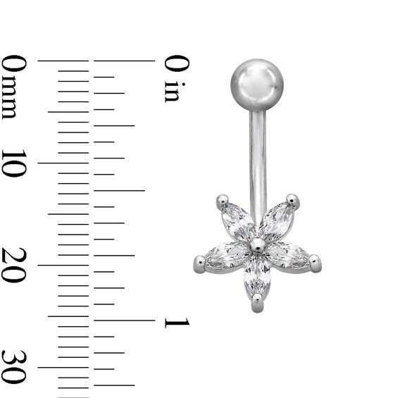 Solid Stainless Steel CZ Marquise Flower Belly Button Ring - 14G