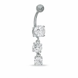 014 Gauge Dangle Belly Button Ring with Three Cubic Zirconia in Solid Stainless Steel