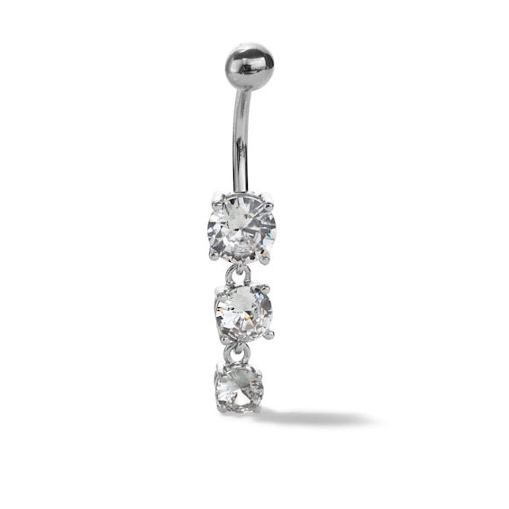 Solid Stainless Steel CZ Three-Stone Dangle Belly Button Ring - 14G