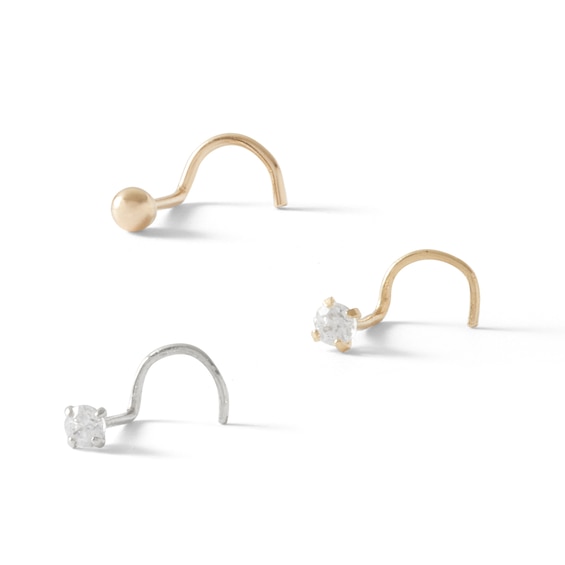 10K Hollow and Solid Yellow and Whte Gold CZ Screw Nose Stud Set - 22G
