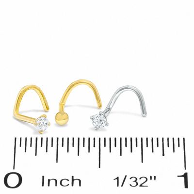 14K Hollow and Solid Yellow and Whte Gold CZ Screw Nose Stud Set - 22G