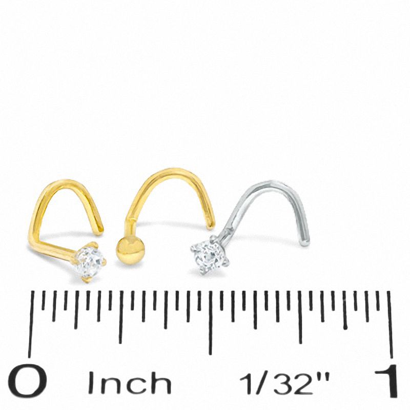 Main Image 2 of 10K Hollow and Solid Yellow and Whte Gold CZ Screw Nose Stud Set - 22G