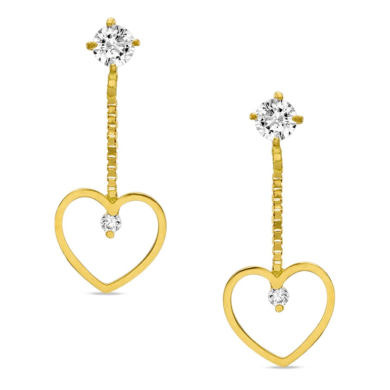 Cubic Zirconia Open Heart Dangle Earrings in 10K Gold