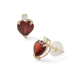 6mm Heart-Shaped Garnet and Cubic Zirconia Stud Earrings in 10K Gold
