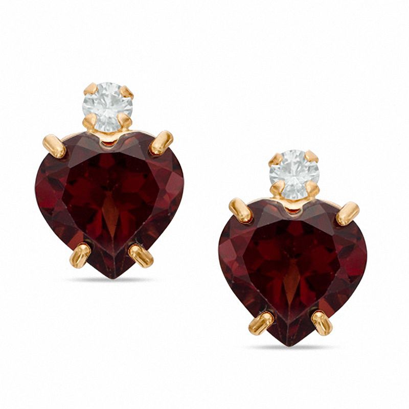 6mm Heart Shaped Garnet and Cubic Zirconia Stud Earrings in 10K Gold