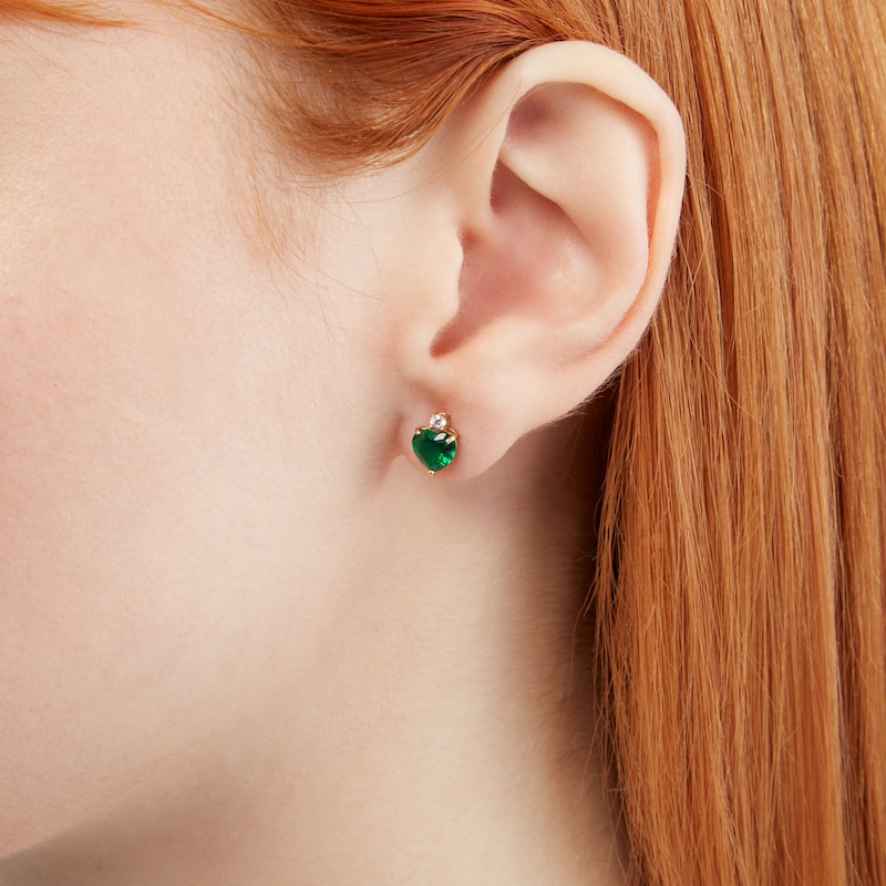 6mm Heart-Shaped Lab-Created Emerald and Cubic Zirconia Stud Earrings in 10K Gold