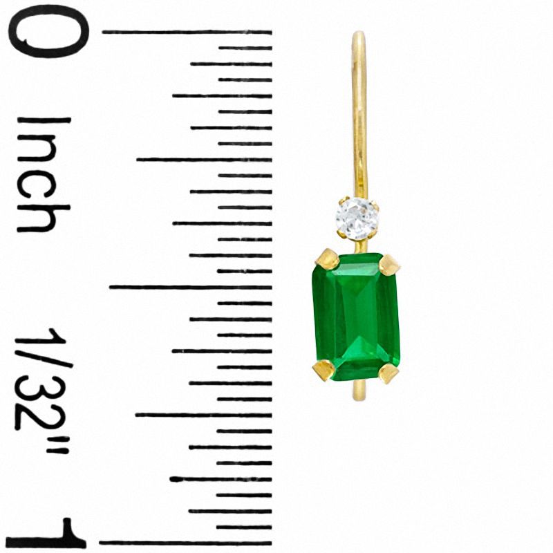 Emerald-Cut Synethetic Emerald Drop Earrings in 10K Gold with CZ