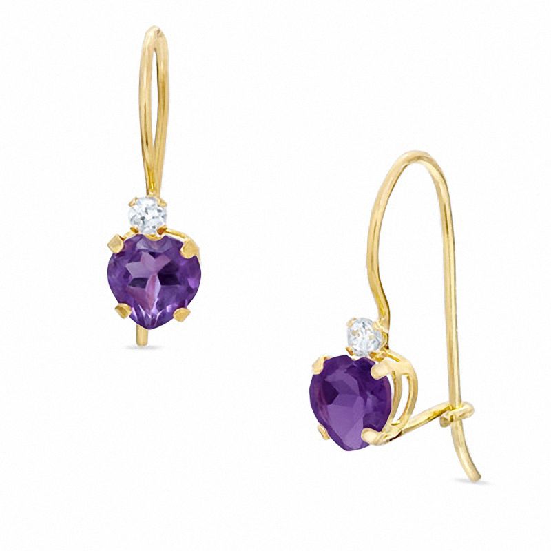 5mm Heart-Shaped Amethyst Drop Earrings in 10K Gold with CZ