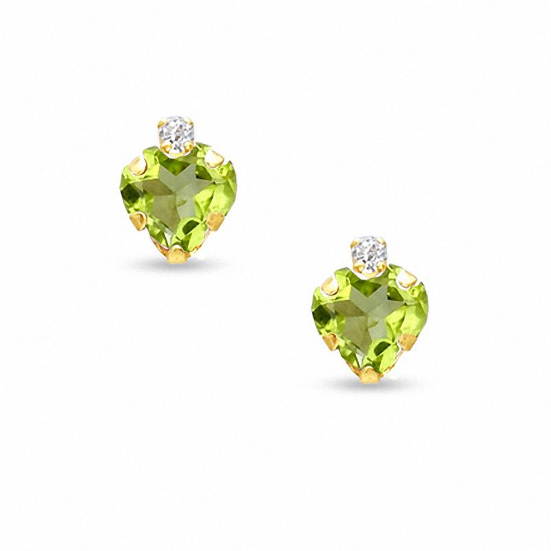 6mm Heart-Shaped Peridot Stud Earrings in 10K Gold with CZ