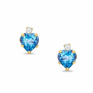 6mm Heart-Shaped Blue Topaz Stud Earrings in 10K Gold with CZ