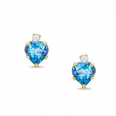 6mm Heart-Shaped Blue Topaz Stud Earrings in 10K Gold with CZ