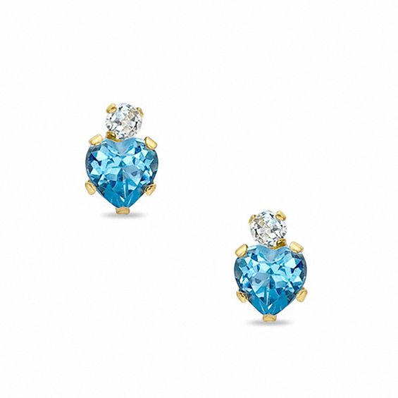 4mm Heart-Shaped Blue Topaz Stud Earrings in 10K Gold with CZ