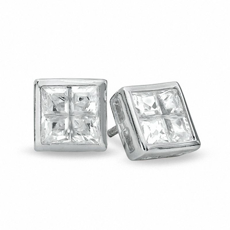 Quad Square-Cut Cubic Zirconia Stud Earrings in Sterling Silver