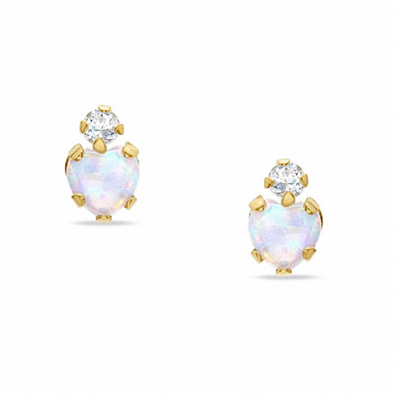 4mm Heart-Shaped Simulated Opal Stud Earrings in 10K Gold with CZ