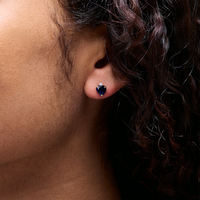 Main Image 2 of 6mm Heart-Shaped Lab-Created Sapphire and Cubic Zirconia Stud Earrings in 10K Gold
