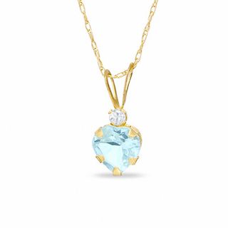 6mm Heart-Shaped Aquamarine Drop Pendant in 10K Gold with CZ
