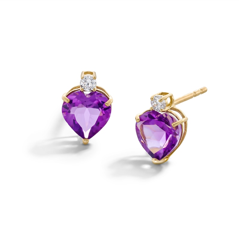 6mm Heart-Shaped Amethyst and Cubic Zirconia Stud Earrings in 10K Gold