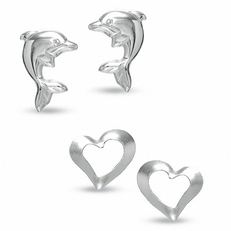 Open Heart and Dolphin Stud Earrings Set in Sterling Silver