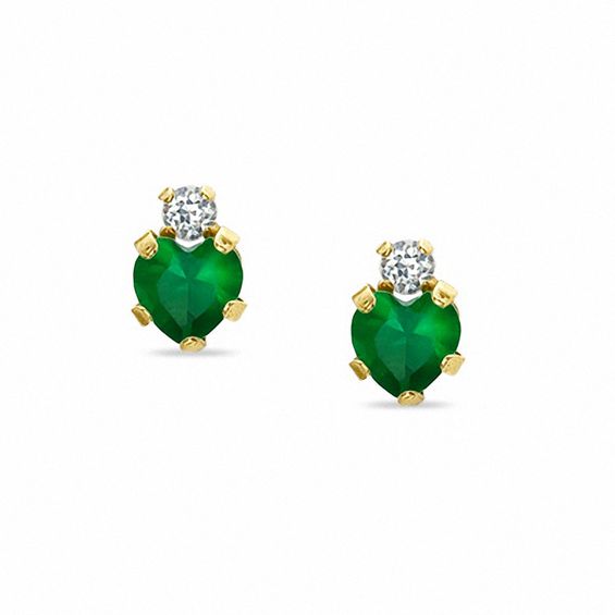 4mm Heart-Shaped Simulated Emerald Stud Earrings in 10K Gold with CZ