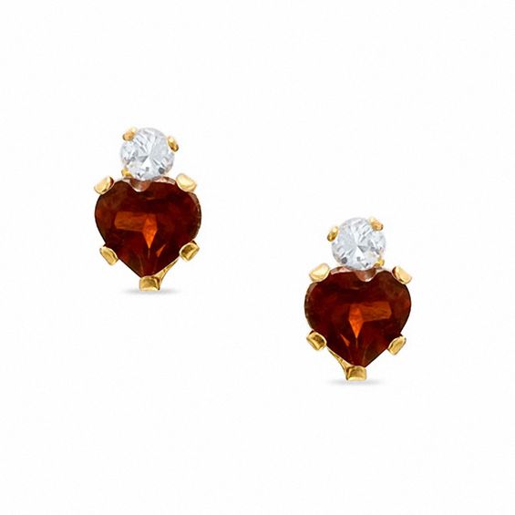 4mm Heart-Shaped Garnet Stud Earrings in 10K Gold with CZ