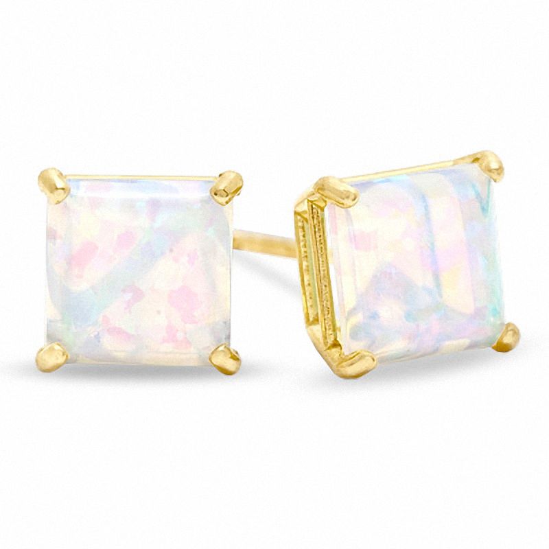 6.0mm Princess-Cut Lab-Created Opal Stud Earrings in 10K Gold