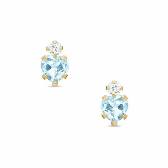 4mm Heart-Shaped Aquamarine Stud Earrings in 10K Gold with CZ