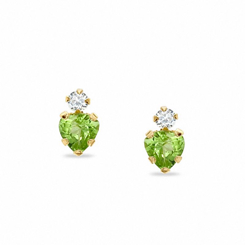 Main Image 1 of 4mm Heart-Shaped Peridot Stud Earrings in 10K Gold with CZ