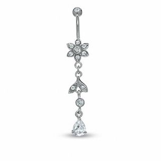 014 Gauge Cubic Zirconia Flower and Leaf Belly Button Ring in Stainless Steel